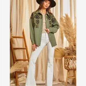 Savanna Jane Denim Jacket–Southwest-Inspired Green Shacket with Aztec Embroidery